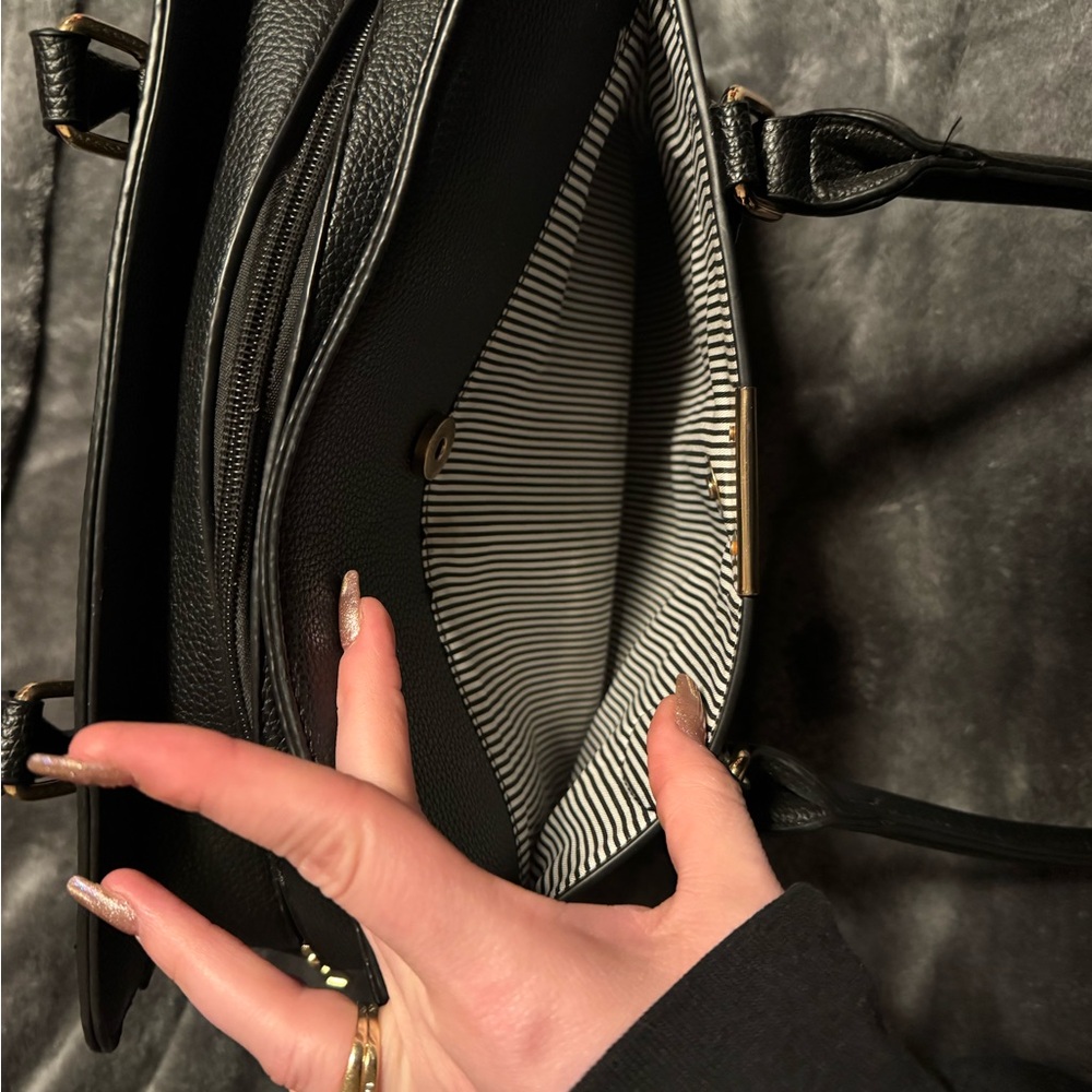 Black Women's Tote Handbag with Striped Interior